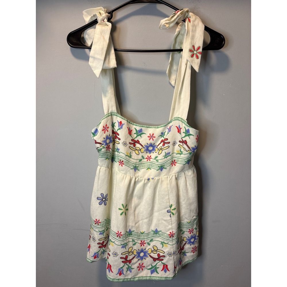 Strut & Bolt Floral Bohemian Tie Shoulder Smocked Babydoll Top Cream Small